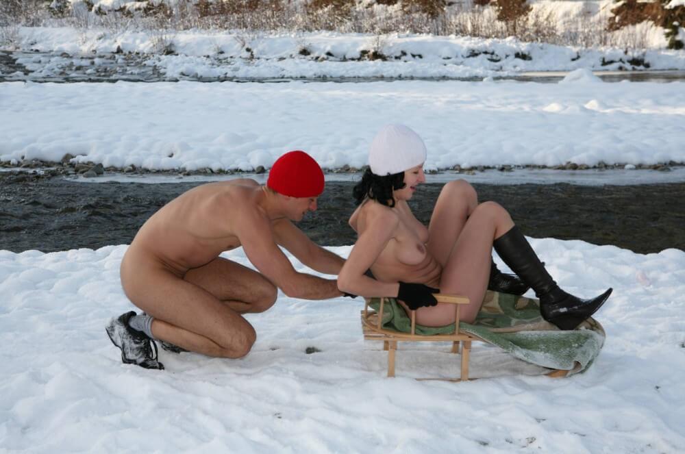 Naturist Girl Snow Day Couples Sled pics - nudism blog